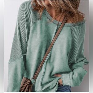 NWOT Women's Greenish/teal waffle knit/distressed/mineral wash soft sweatshirt